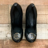 Tory Burch Black Patent Leather Logo Embellished Wedges Pumps- Size 10 (See Notes)