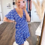 No Brand Blue Floral Wrap Dress- Size S