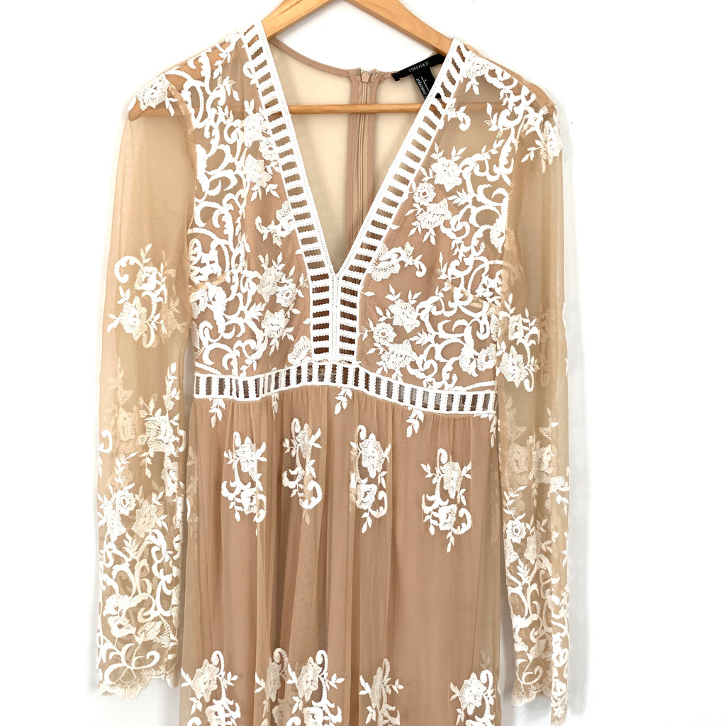 Forever 21 Nude Maxi Dress with White Embroidered Lace- Size S The Saved Collection Forever 21 Nude Maxi Dress with White Embroidered Lace- Size S The Saved Collection