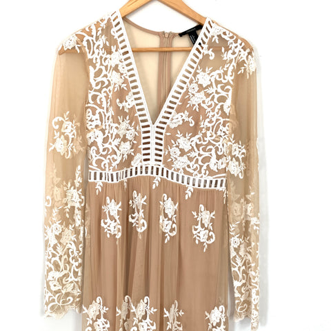 Forever 21 Nude Maxi Dress with White Embroidered Lace- Size S The Saved Collection Forever 21 Nude Maxi Dress with White Embroidered Lace- Size S The Saved Collection