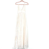 Aakaa Off White Lace Plunging V-Neckline Low Back Criss Cross Straps Maxi Dress- Size M