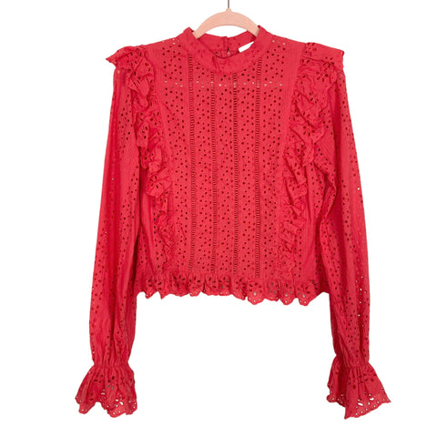 Tularosa Red Eyelet Ruffle Trim Zipper Back Blouse- Size S