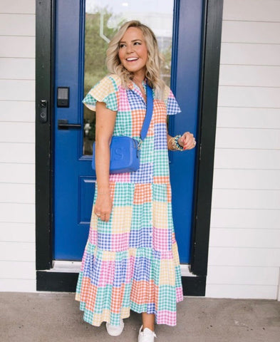 Briton Court Multi Color Gingham Button Up Maxi Dress NWT- Size XS