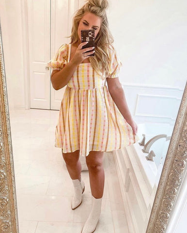 Mable Pink/Yellow/Orange Striped Puff Sleeve Tie Back Dress NWT- Size M