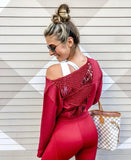 Carbon38 Red Dahlia with Back Macrame Cut Outs Sweatshirt- Size S (we have matching leggings)