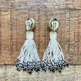 No Brand White/Black Beaded Tassel Clip On Earrings