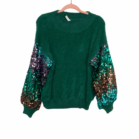 Wishlist Green Fuzzy Sequin Sleeve Sweater- Size S/M