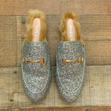 SHE & IN Silver Sparkle Faux Fur Lined Mules- Size 38 (In Like New Condition!)