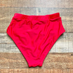 Stylish Swimwear Red High Waisted Mesh and Pom Trim Bikini Bottoms- Size M