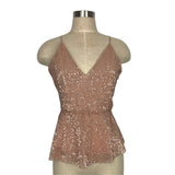 Express Rose Gold Sequins V-Neck Peplum Strappy Back Tank- Size S