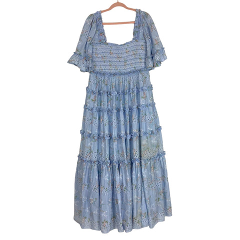 Needle & Thread Blue Floral Eyelet Smocked Bodice Dress- Size ~L/XL (see notes)