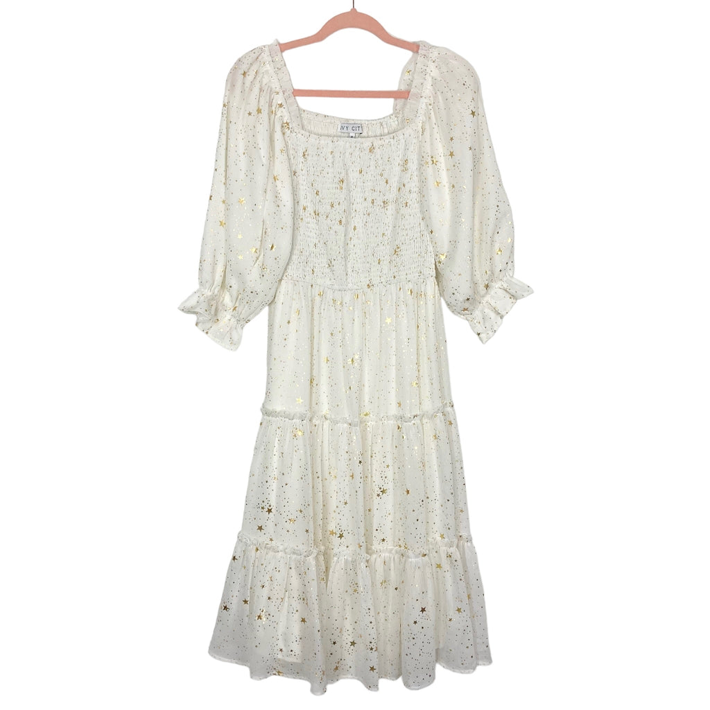 Ivy City White with Gold Stars Midsummer Nights Smocked Bodice Midi Dr The Saved Collection Ivy City White with Gold Stars Midsummer Nights Smocked Bodice Midi Dr The Saved Collection