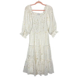 Ivy City White with Gold Stars Midsummer Nights Smocked Bodice Midi Dress- Size XL