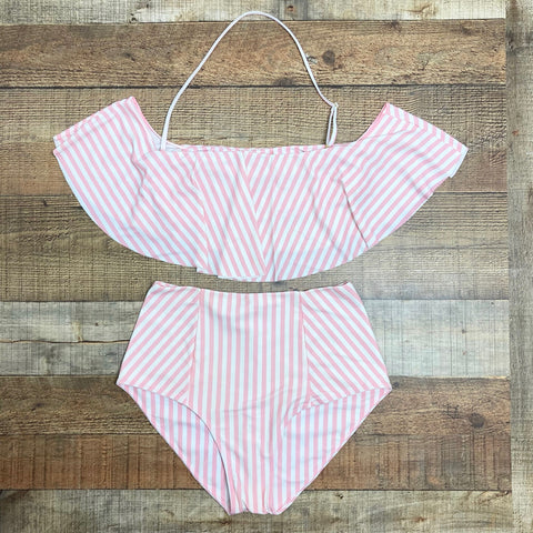 Show Me Your Mumu x Barbie Pink/White Striped Ruffle Removable Halter Bikini Top- Size M (we have matching bottoms)