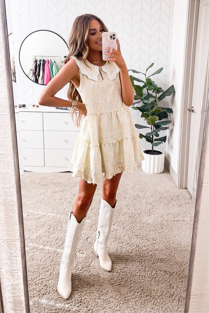 Just Me Yellow Floral Tiered with Ruffles and Keyhole Neck with Detail The Saved Collection Just Me Yellow Floral Tiered with Ruffles and Keyhole Neck with Detail The Saved Collection
