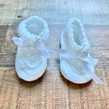 No Brand White Crochet with Ribbon Bow Infant Booties