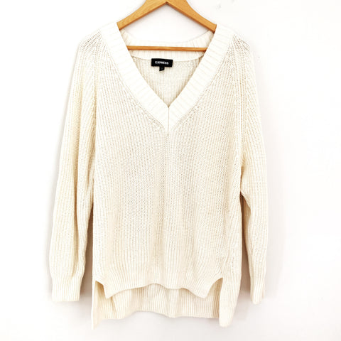 Express Ivory V Neck Knit Sweater with Longer Back- Size XS