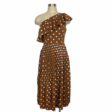 English Factory Mocha/White Polka Dot One Shoulder Pleated Dress NWT- Size M