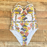 No Brand White/Yellow/Gray Pineapple Floral Padded Underwire with Removable Straps One Piece- Size L (see notes)