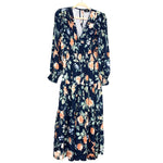 Vici Navy Floral Smocked Waist Surplice Snap Front Midi Dress- Size M