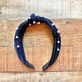 No Brand Navy Ribbed Velvet with Pearls Knot Headband