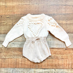 No Brand Cream/Tan Heart Poms Sweater Onesie- Size 66 (US 3-6M)