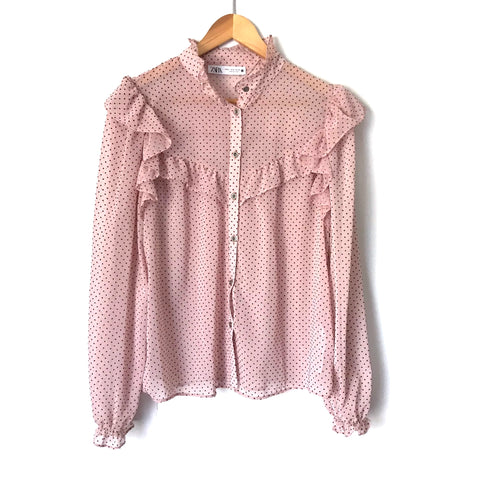 Zara Pink Polka Dot Button Up Ruffle Sheer Blouse- Size XL