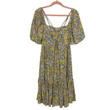 Lovestitch Blue/Yellow/Pink Floral Cinched Strappy Dress- Size L