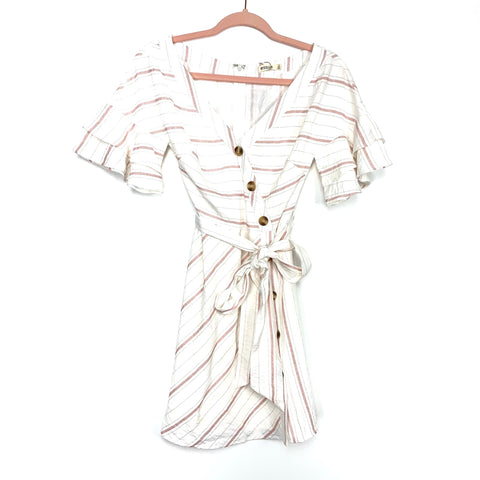 Essue Pink and Ivory Ruffle Sleeve Button Detail Belted Dress NWT- Size S