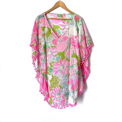 Classic Whimsy Pink and Green Pom Pom Trim Cover Up- Size S/M
