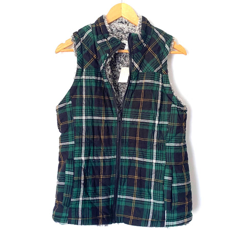 Maurice's Green & Blue Plaid Sherpa Lined Vest NWT- Size S