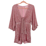 Pink Lily Pink Sequin Deep V Front Tie Romper- Size S