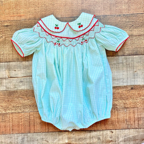 True Green Gingham Cherry Print Smocked Bubble- Size 18M (see notes)