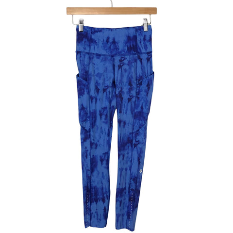 Lululemon Blue Tie Dye with Silver Dotted Hem with Side Pockets Cropped Leggings- Size 4 (Inseam 24.5")