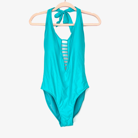 Swim Systems Turquoise Plunge Cut Out Halter Tie Neck Mesh Back One Piece- Size L
