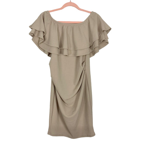 Hello Miz Tan Off the Shoulder Ruffle Maternity Dress- Size M