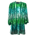 Eloquii Green/Blue/Silver Sequin Shoulder Pad Bubble Long Sleeve Mock Neck Mini Dress NWT- Size 14 (sold out online)