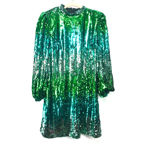 Eloquii Green/Blue/Silver Sequin Shoulder Pad Bubble Long Sleeve Mock Neck Mini Dress NWT- Size 14 (sold out online)