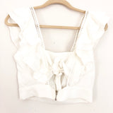 Vestique White Crochet and Ruffle Top with Back Zipper and Tie- Size S