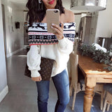 H&M Cream Reindeer Festive Print Off the Shoulder Sweater NWT- Size S