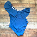 No Brand Blue Ruffle One Shoulder One Piece Swimsuit- Size S