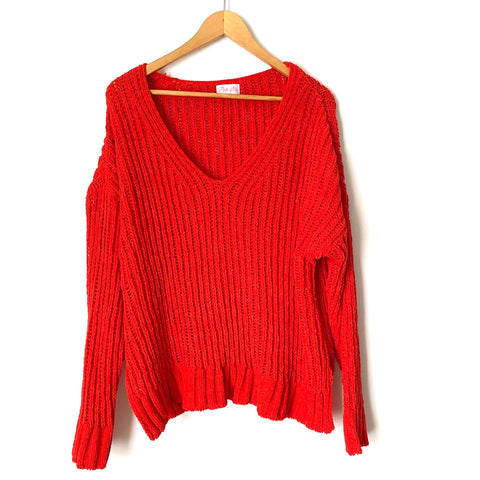 Pink Lily Red V-Neck Chenille Open Knit Sweater- Size S