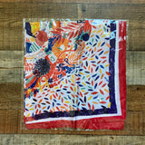 No Brand Red/Indigo/Yellow/Orange Floral/Leaf Pattern with Red/Purple Trim Faux Silk Scarf (New in Bag)