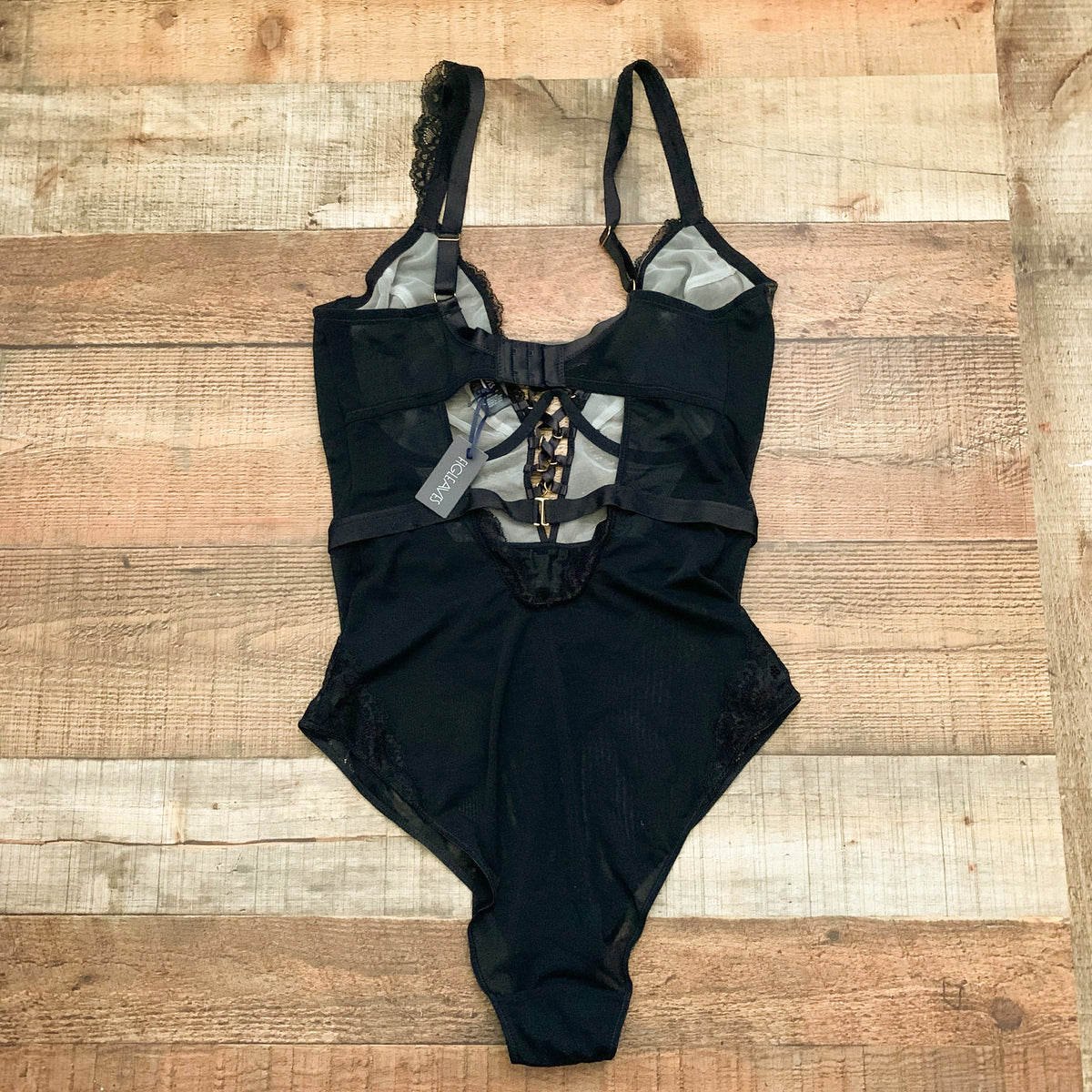 Figleaves Black Savannah Lace-Up Mono-Wire Plunge Body NWT- Size