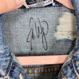 Michelle Roy Los Angeles AUTOGRAPHED Distressed Ribbon Trim with Sequins Wolf Applique Back Denim Jacket- Size S