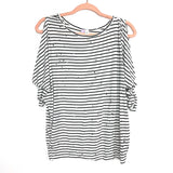 Alya Black and White Striped Distressed Open Slit Tie Sleeve Top- Size S