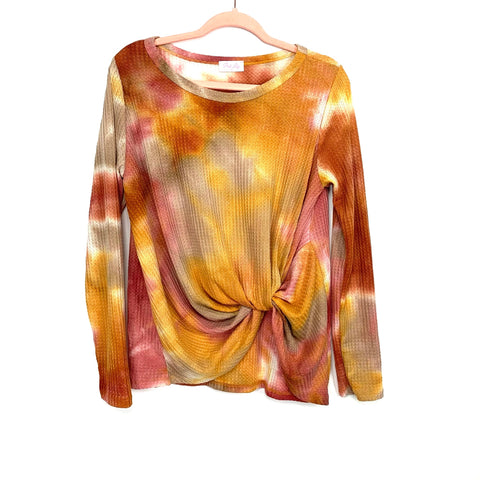 Pink Lily Orange/Yellow/Tan/Red Tie Dye Front Twist Thermal Top- Size M