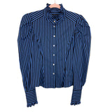 Petersyn Black/Blue Striped with Ruffle Neck and Cuff Button Up Top- Size S