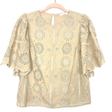 Free the Roses Cream Eyelet Embroidered Metallic Flutter Sleeve Blouse NWT- Size XS