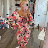 Shein Floral Square Neck Shirred Bodycon Dress- Size S
